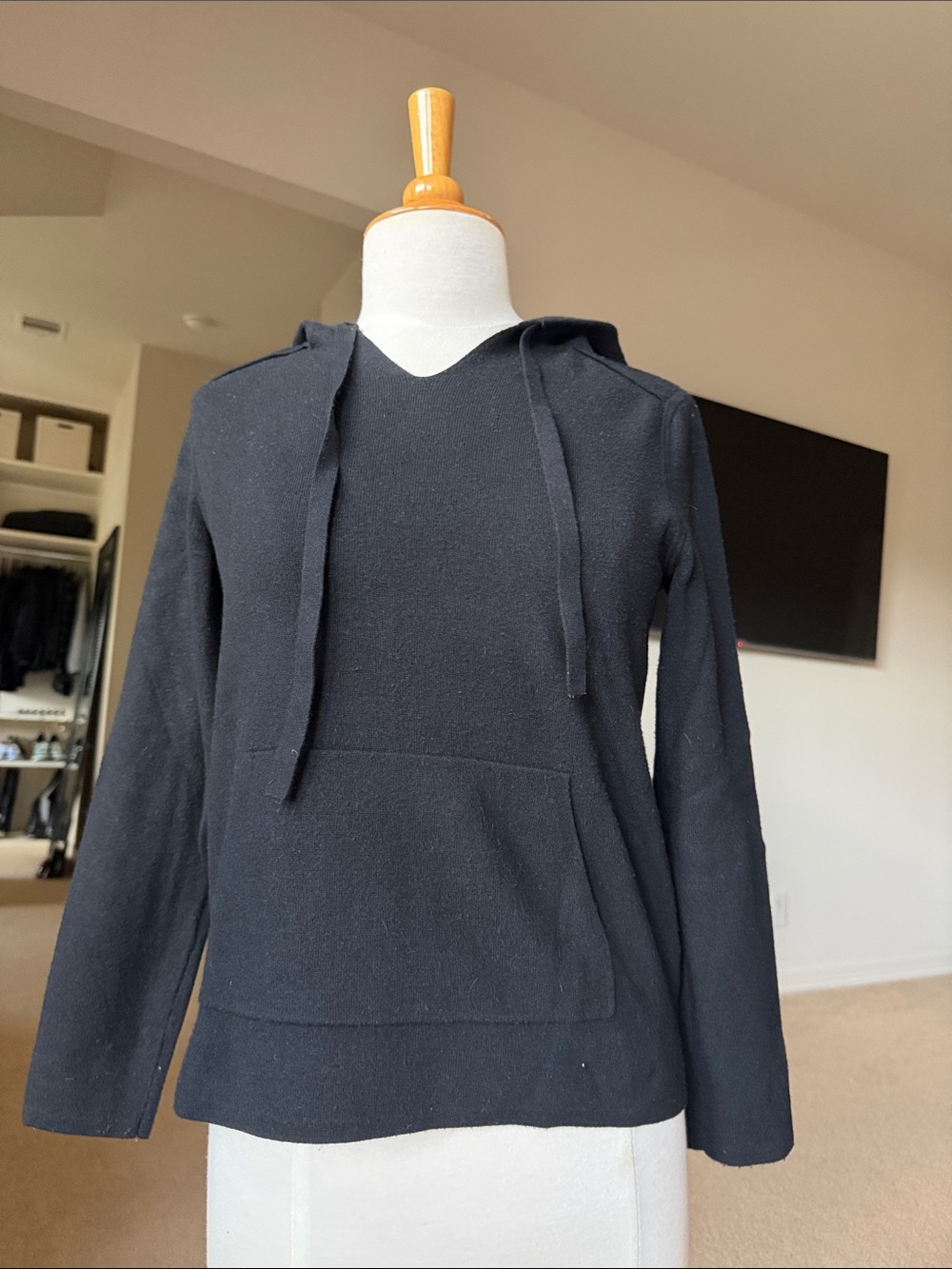 Banana Republic Black V-Neck Hooded Sweater with Kangaroo Pocket